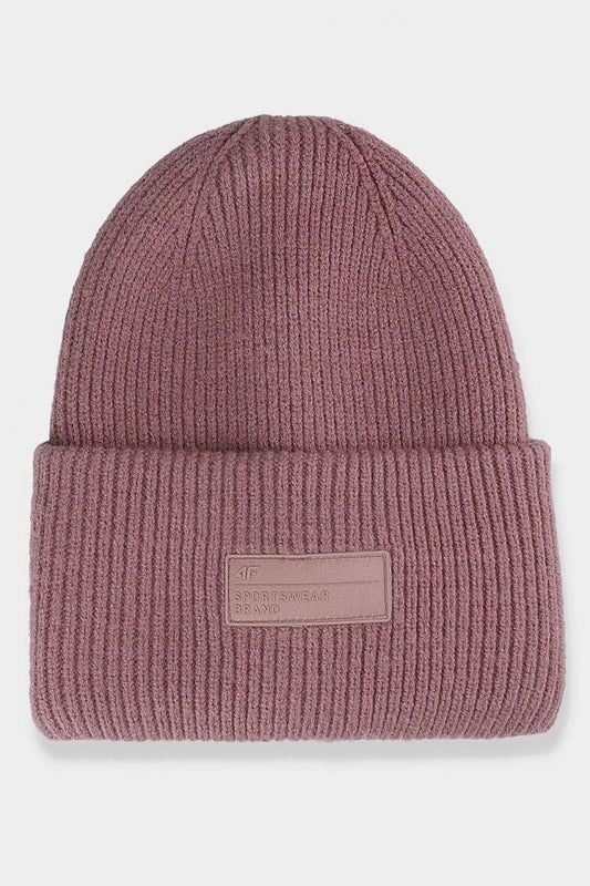 Luxury double-layer beanie cap in beautiful mauve hue, featuring a soft knit texture and branded patch by 4F, perfect for winter warmth and style.