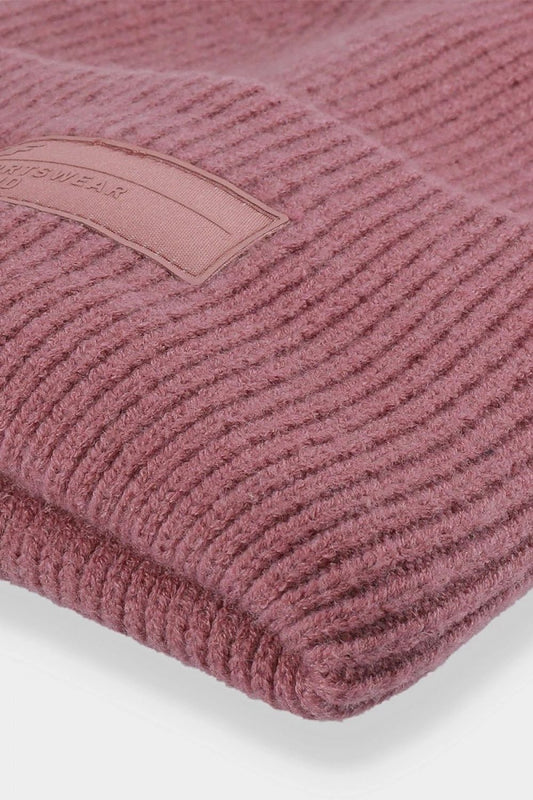 Close-up view of a mauve luxury double-layer beanie cap, highlighting the soft knit fabric and 4F brand label, ideal for autumn and winter wear.