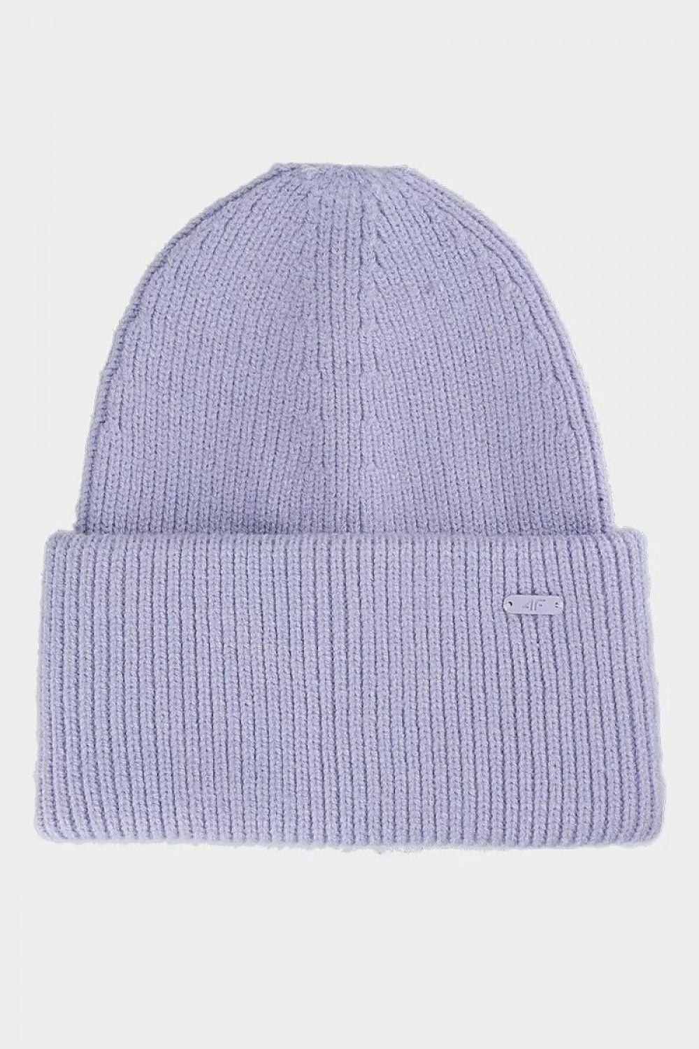 Luxurious purple beanie hat by 4F, crafted from eco-friendly recycled materials featuring a stylish folded cuff design.