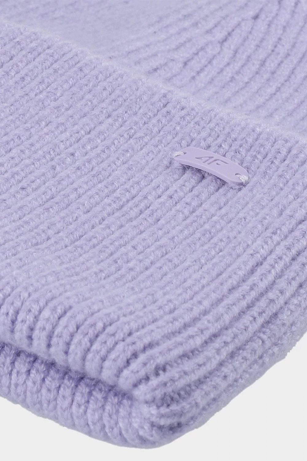 Close-up view of the purple beanie by 4F, highlighting the fine texture and the elegant folded cuff, made with sustainable materials.