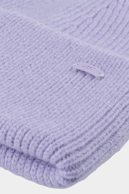 Close-up view of the purple beanie by 4F, highlighting the fine texture and the elegant folded cuff, made with sustainable materials.