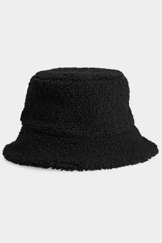 Elegant women's black fluffy bucket hat from 4F, crafted from warm polyester for exquisite comfort and style.
