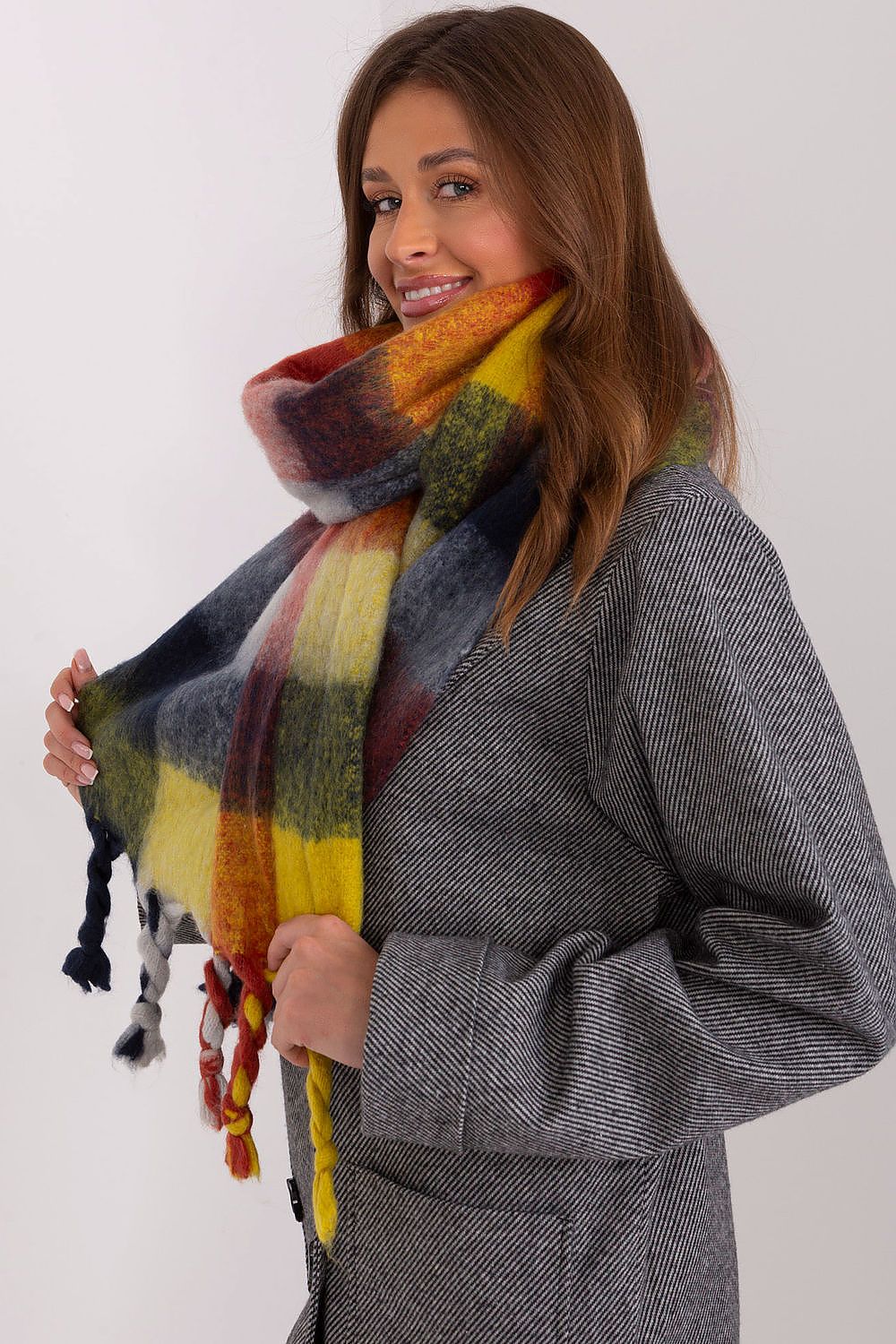 High-quality polyester long scarf with a stunning plaid pattern and tassels, brought to you by AT, enhancing your winter wardrobe with luxury.