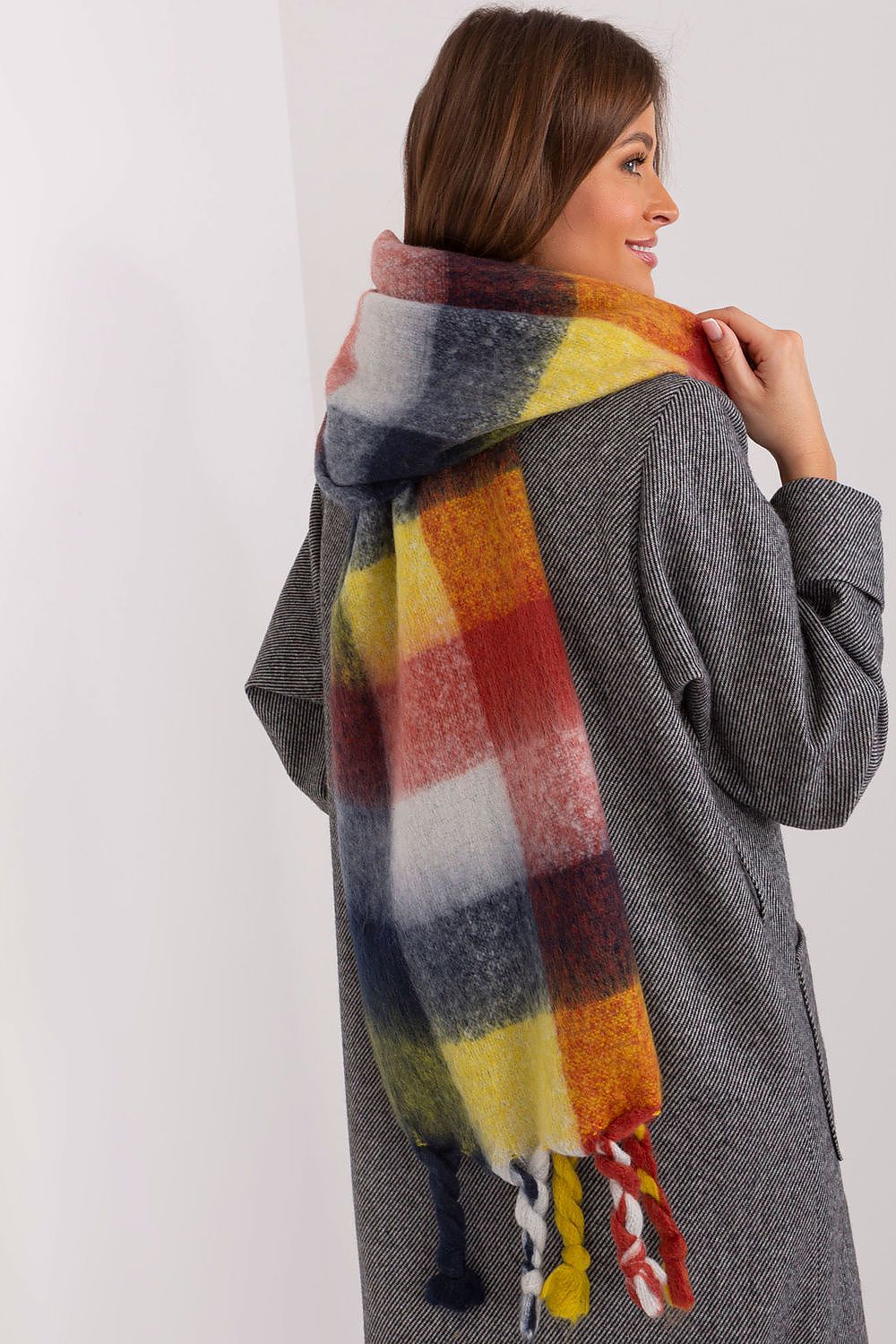 Stylish long scarf by AT, showcasing a colourful plaid design and delicate tassels, perfect for elevating fall and winter looks.