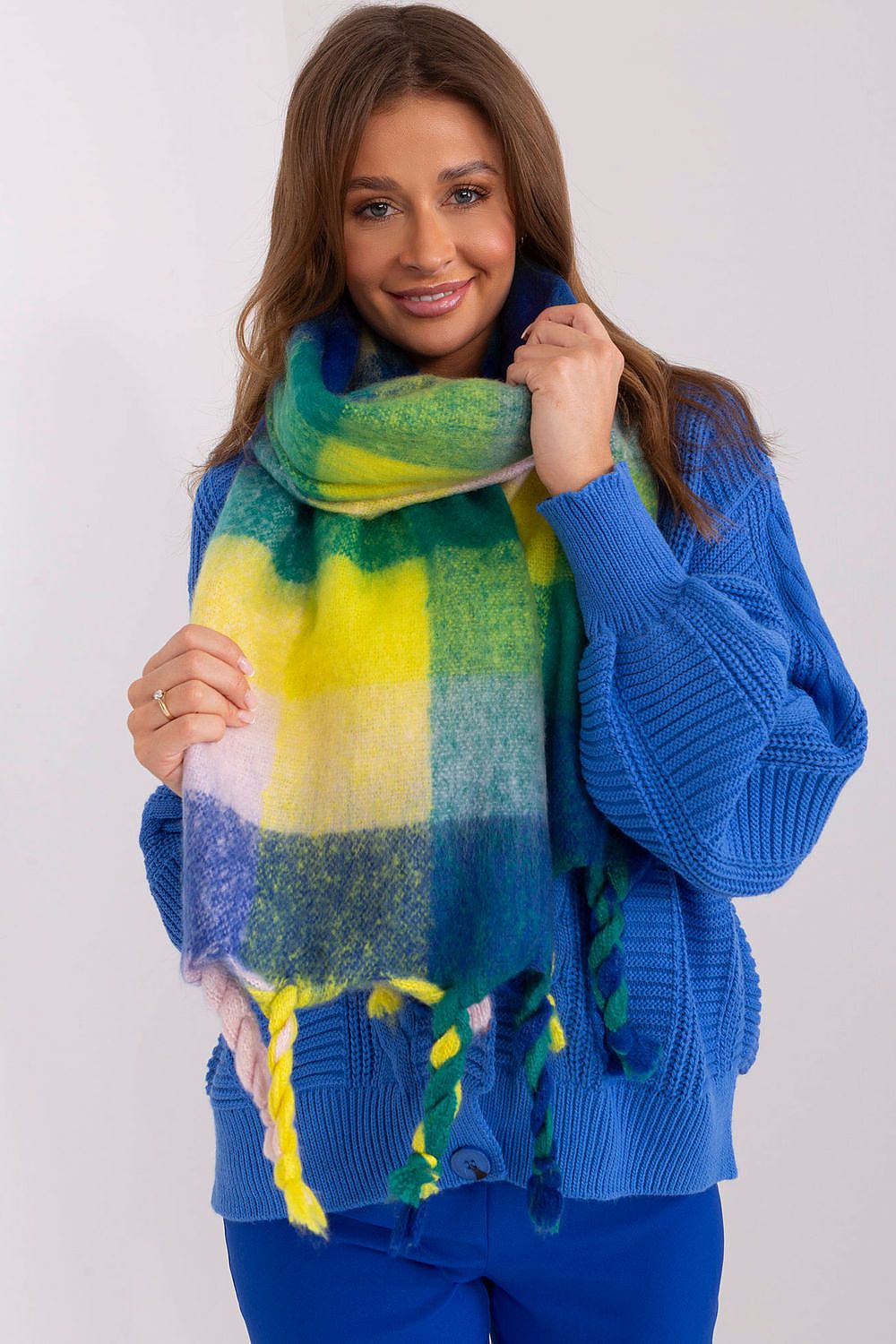 Luxurious Colourful Plaid Long Scarf with Tassels by AT, crafted from 100% polyester, perfect for stylish fall and winter looks.