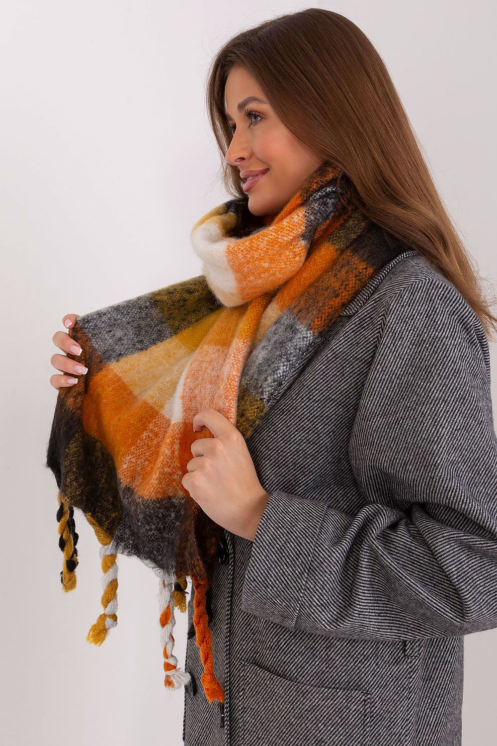 Elegant Colourful Plaid Long Scarf with Tassels by AT, crafted from 100% polyester, perfect for chic fall and winter styles.