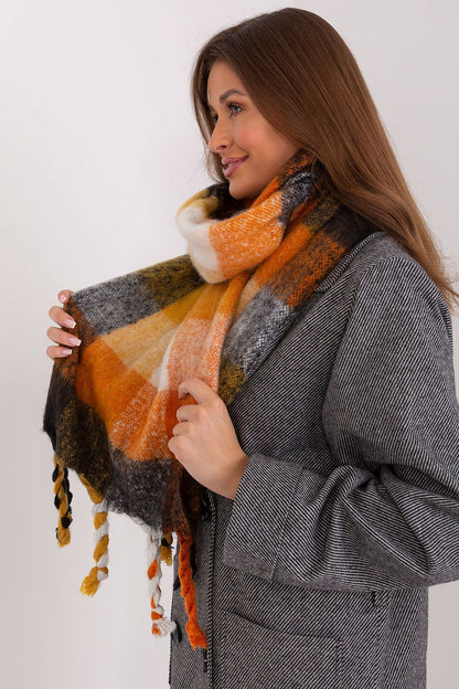 Elegant Colourful Plaid Long Scarf with Tassels by AT, crafted from 100% polyester, perfect for chic fall and winter styles.