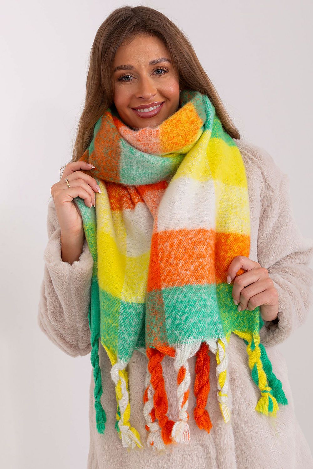 Polyester Colourful Plaid Scarf with tassels by AT, showcasing timeless design for sophisticated fall and winter looks.