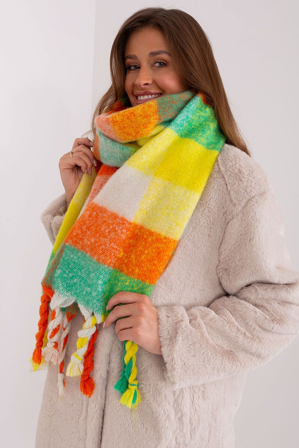 Chic 100% Polyester Colourful Plaid Scarf by AT, featuring elegant tassels and an ample 200 cm length for wraparounds and layering.