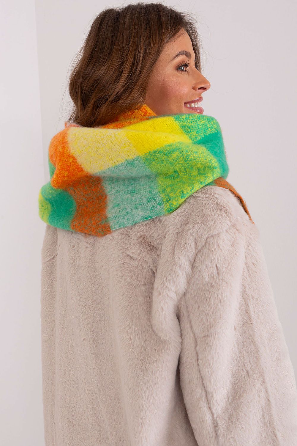 Luxurious colourful plaid long scarf with tassels by AT, measuring 200 cm, perfect for stylish fall and winter layering.