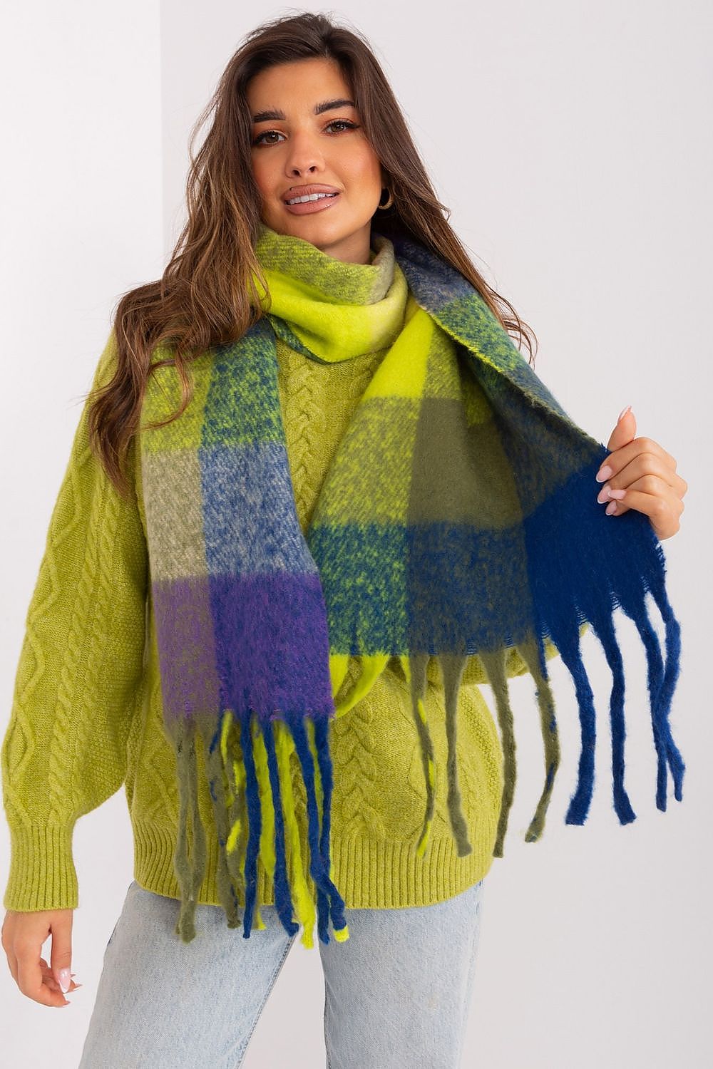 Luxurious long colourful plaid scarf by AT, featuring stylish tassels, perfect for autumn and winter fashion.
