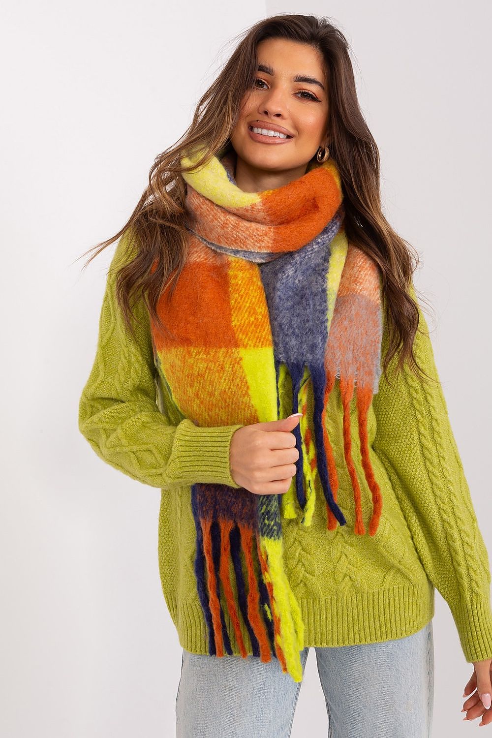 AT Stylish polyester wrap scarf in vibrant plaid design, ideal for layering in colder seasons.