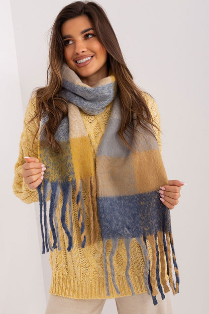 Luxurious long colourful plaid scarf with tassels by AT, ideal for autumn and winter layering.