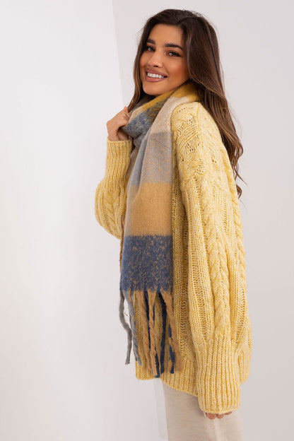 Elegant polyester wrap scarf featuring a vibrant plaid pattern by AT, perfect for stylish seasonal outfits.