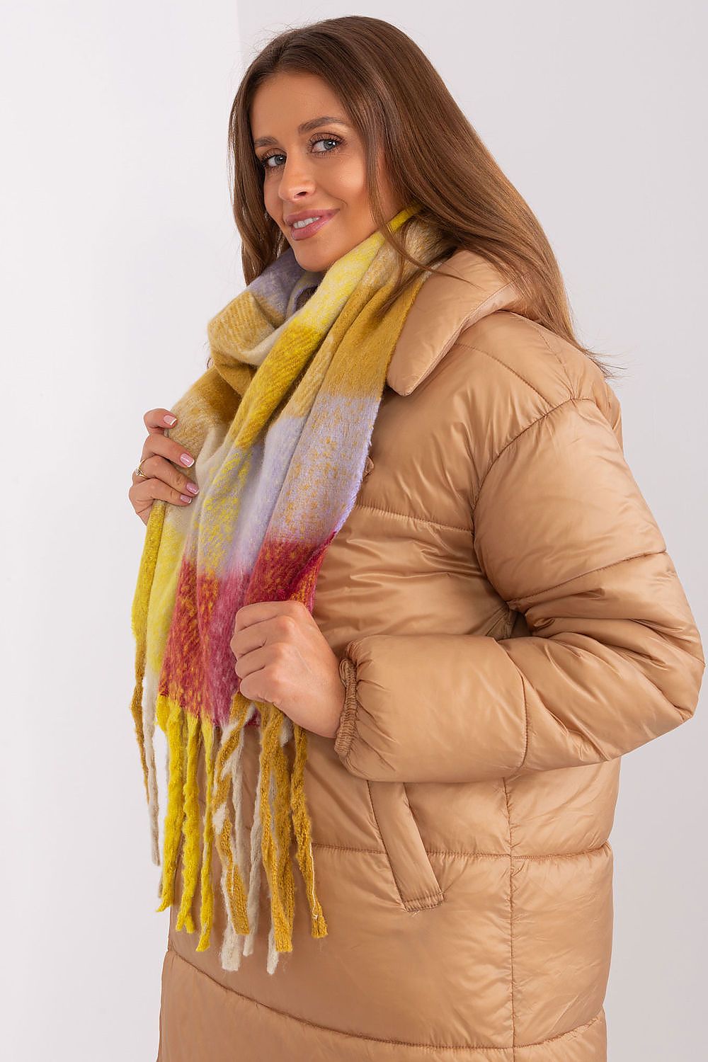 Luxurious long colourful plaid scarf with tassels by AT, perfect for wrapping in autumn and winter.