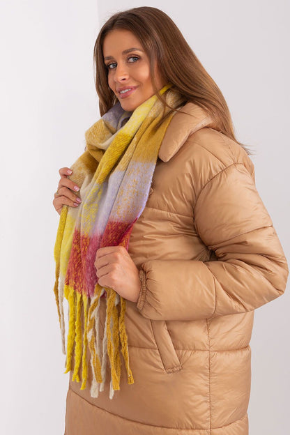 Luxurious long colourful plaid scarf with tassels by AT, perfect for wrapping in autumn and winter.