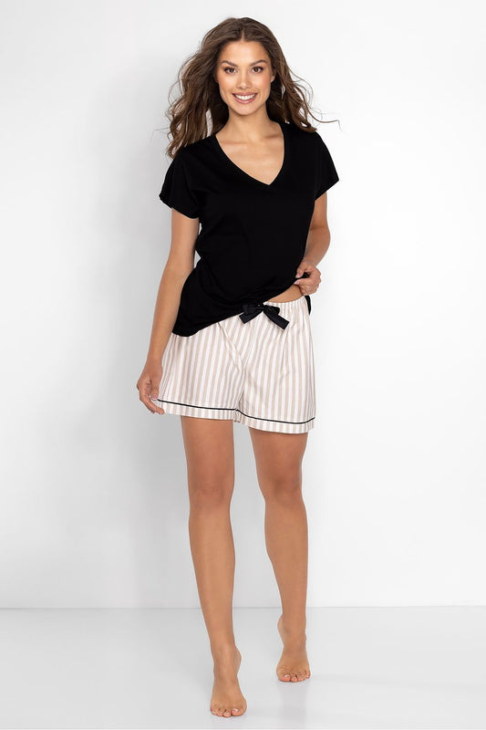 Luxury Women's Pajamas Set by Momenti Per Me featuring a short sleeve blouse with a v-neck and elegant striped shorts adorned with a decorative bow.