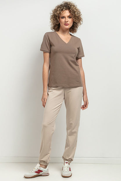 Luxurious striped V neckline blouse by Tessita, made from high-quality OEKO-TEX certified cotton knit, perfect for upscale casual and formal occasions.