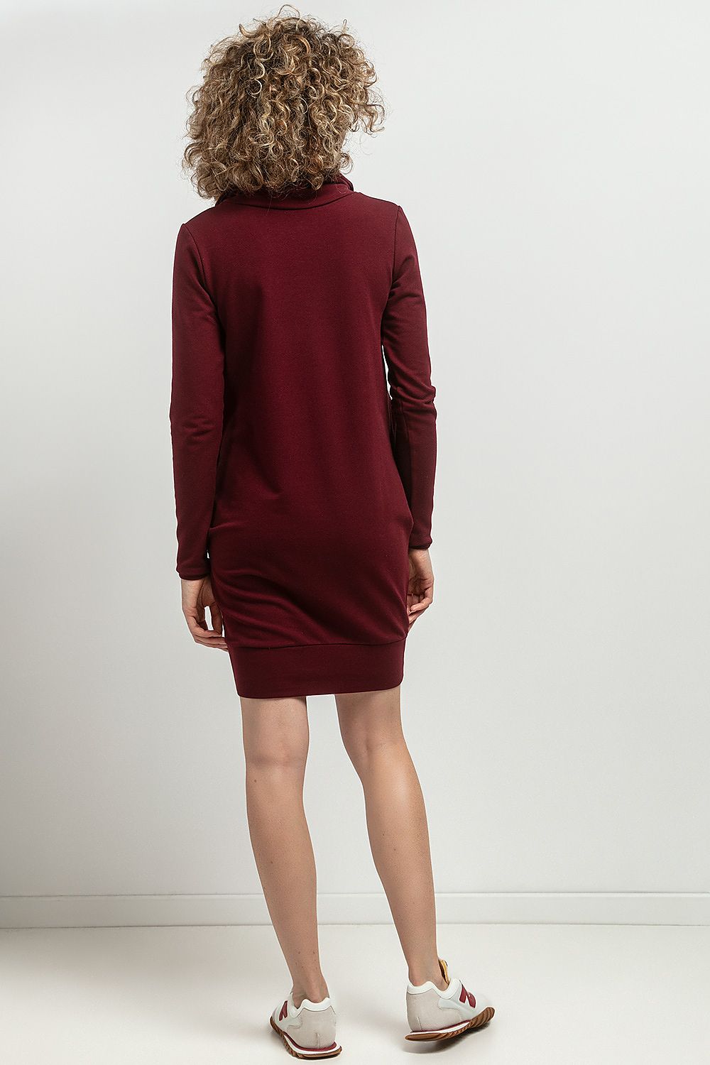 Luxury Tessita Daydress showcasing soft sweatshirt knit fabric, chimney neckline, and flattering tuba cut, designed for elegance and comfort, perfect for colder days.