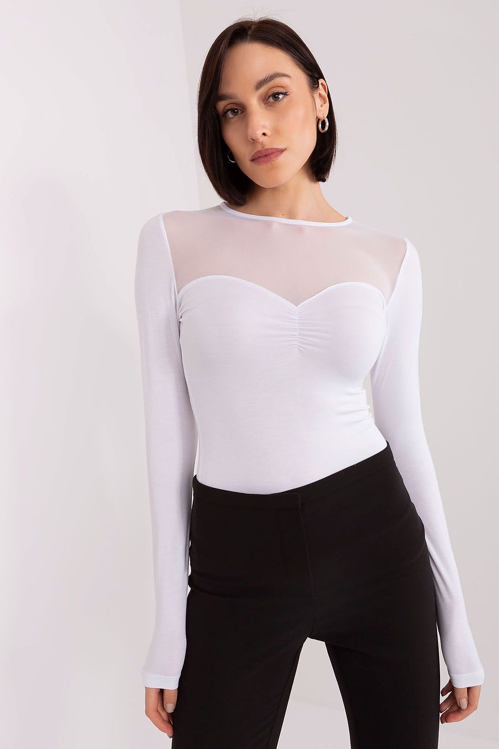 Elegant luxury cotton long sleeve blouse by BFG featuring unique ribbed fabric and stylish neckline, perfect for sophisticated women.