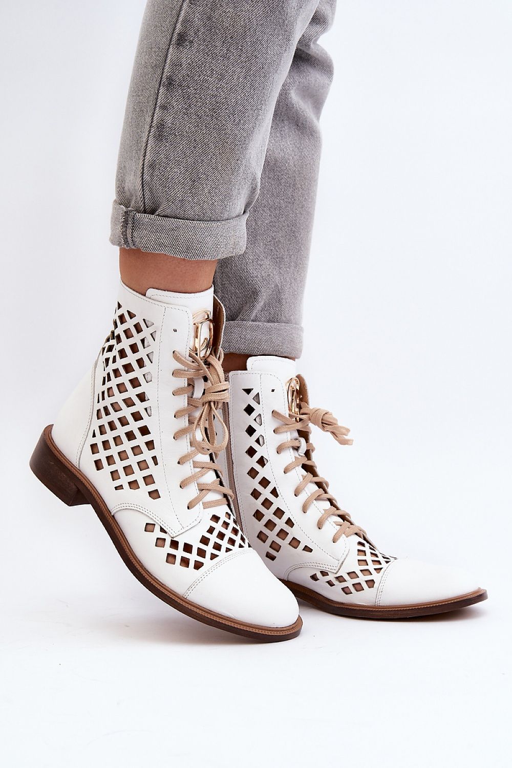 Luxury women's natural leather openwork boots with zipper by Step in style, featuring a 16 cm upper and a comfortable 2.5 cm flat heel, ideal for chic and stylish outfits.