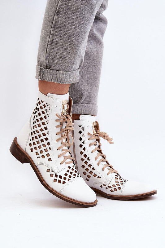 Luxury women's natural leather openwork boots with zipper by Step in style, featuring a 16 cm upper and a comfortable 2.5 cm flat heel, ideal for chic and stylish outfits.