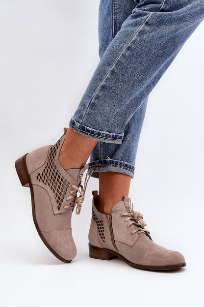 Elegant luxury women's natural leather boots by Step in Style, featuring a rounded toe, low openwork design, zipper and lacing for chic comfort.