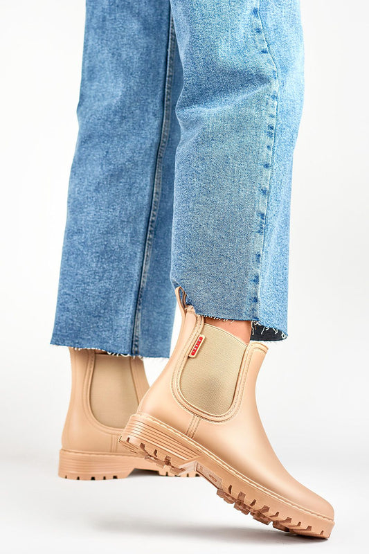 Elegant PRIMO Women's Beige Wellington Boots with 14cm Rubber Upper and Stylish Low Heel for Autumn-Winter Fashion.