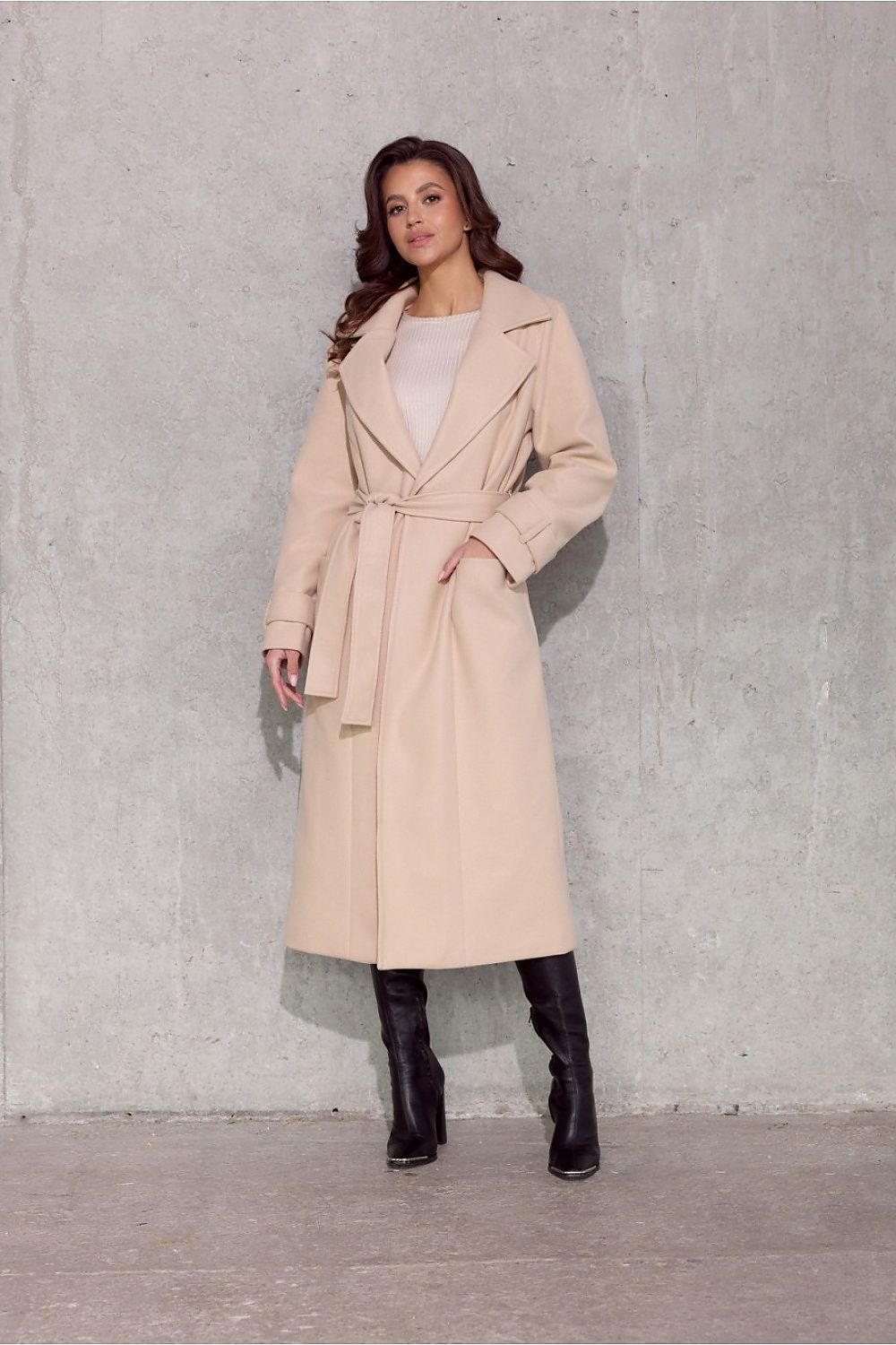 Elegant Vivienne Midi Insulated Coat by Roco Fashion showcasing decorative pockets, waist tie and luxurious design.