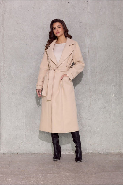 Elegant Vivienne Midi Insulated Coat by Roco Fashion showcasing decorative pockets, waist tie and luxurious design.