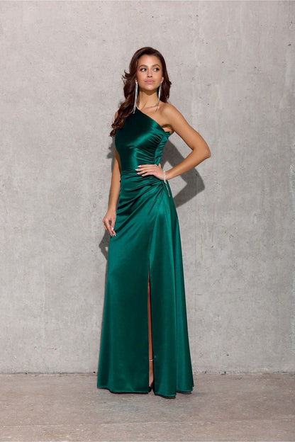 Flowing satin fabric of the Inez dress by Roco Fashion showcasing a sophisticated one shoulder design.