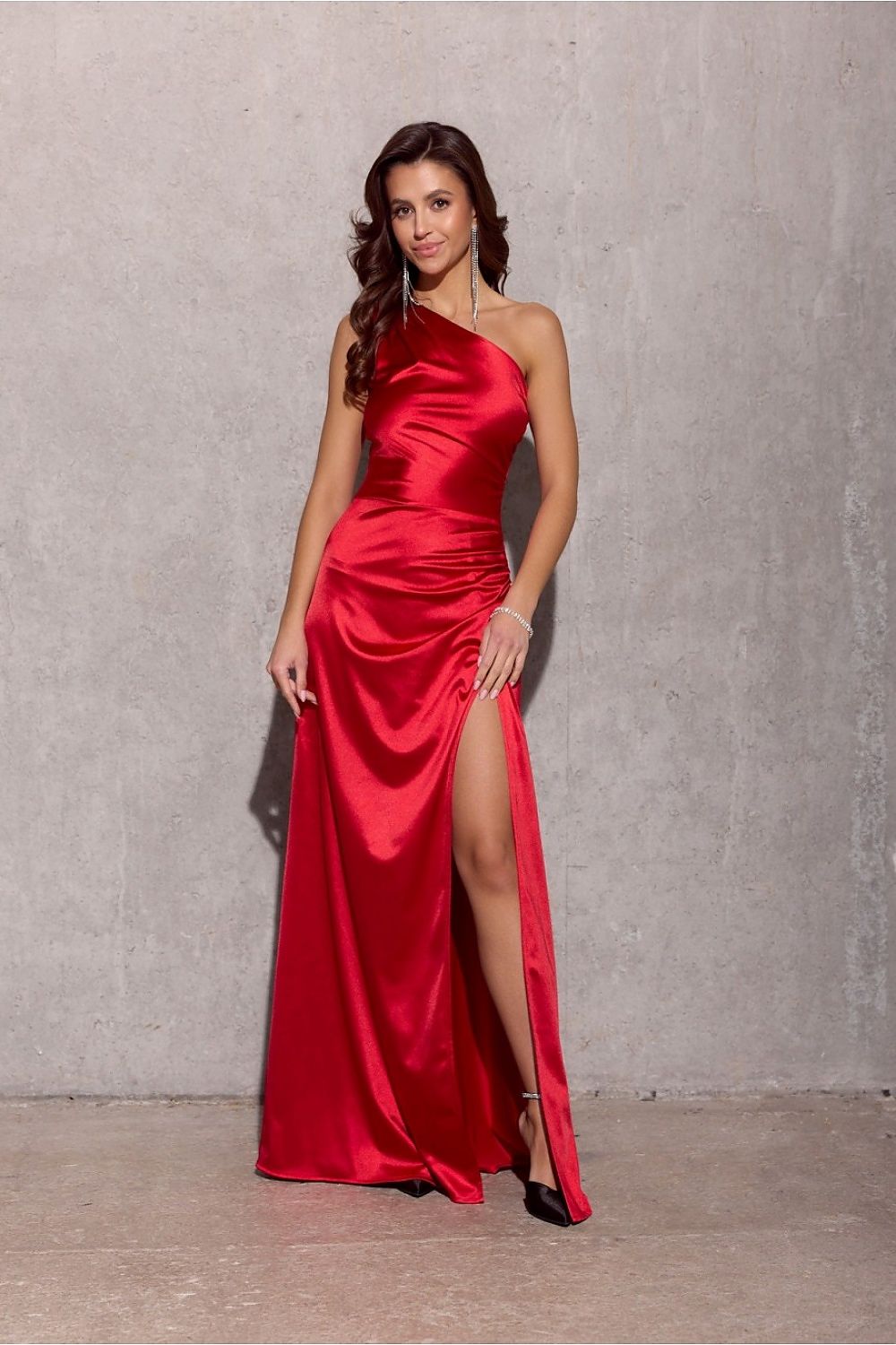 Stylish Inez satin dress featuring a dramatic leg slit and elegant fit, perfect for special occasions by Roco Fashion.