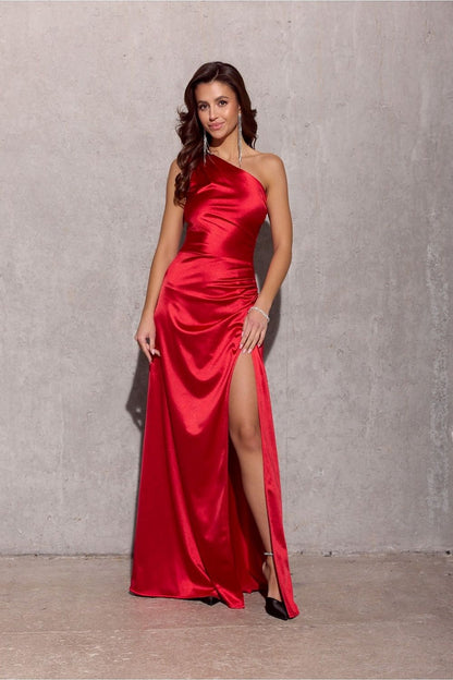 Stylish Inez satin dress featuring a dramatic leg slit and elegant fit, perfect for special occasions by Roco Fashion.