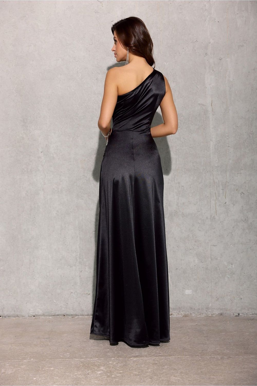 Stylish Inez satin long dress by Roco Fashion featuring a dramatic leg slit, ideal for weddings and corporate events.