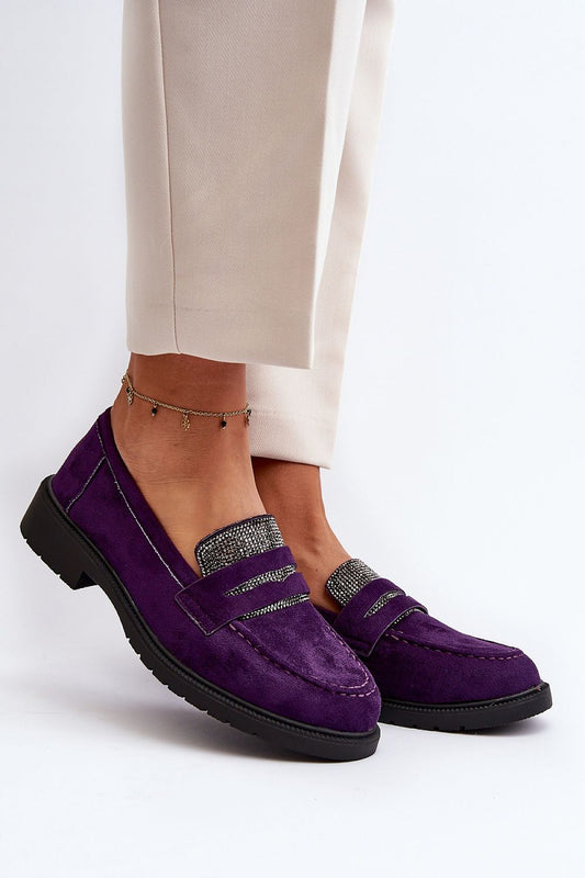 Luxury women's eco-suede moccasins from Step in Style in vibrant purple, adorned with sparkling cubic zirconias. Showcasing a comfortable flat heel design, perfect for stylish everyday wear.