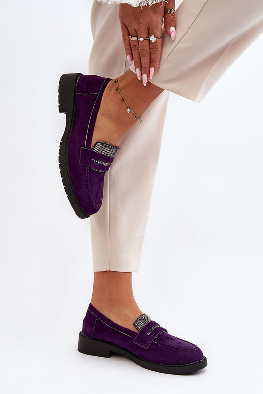 Luxury women's eco-suede moccasins in vibrant purple, featuring sparkling cubic zirconias and a comfortable flat heel design by Step in Style. Perfect blend of elegance and comfort.