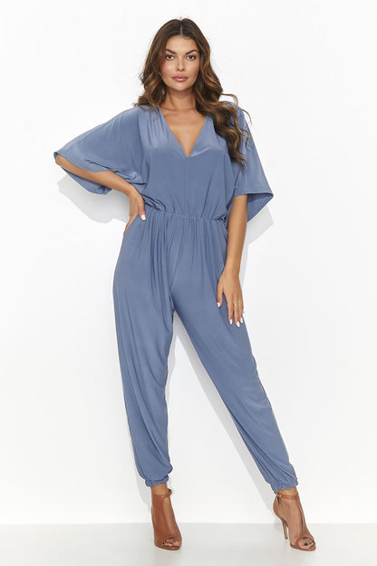 Sophisticated royal blue women's jumpsuit with a flattering heart-shaped neckline, crafted by Numinou for luxurious comfort and style.