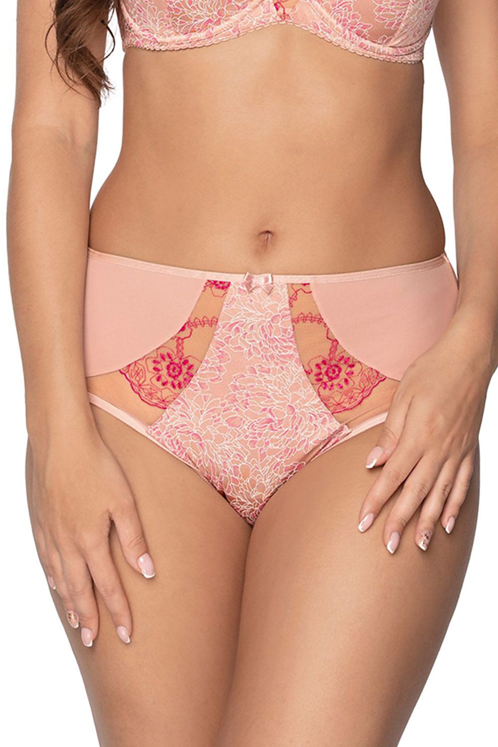 Luxury Gaia higher-waisted pink panties featuring exquisite embroidered inserts and a charming decorative bow, perfect for elegant comfort.