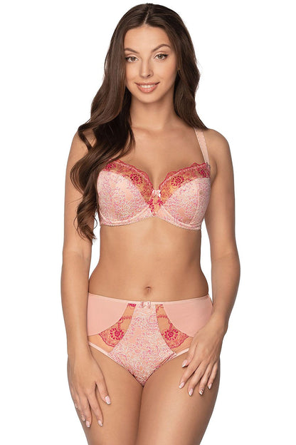 Elegant Gaia pink panties designed with intricate embroidery and a decorative bow, showcasing a modern higher-waisted style for luxurious allure.