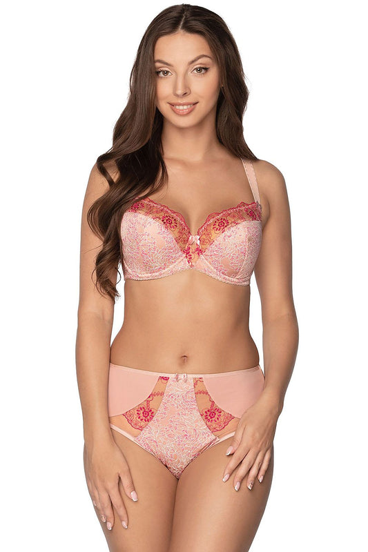 Elegant Gaia pink panties designed with intricate embroidery and a decorative bow, showcasing a modern higher-waisted style for luxurious allure.