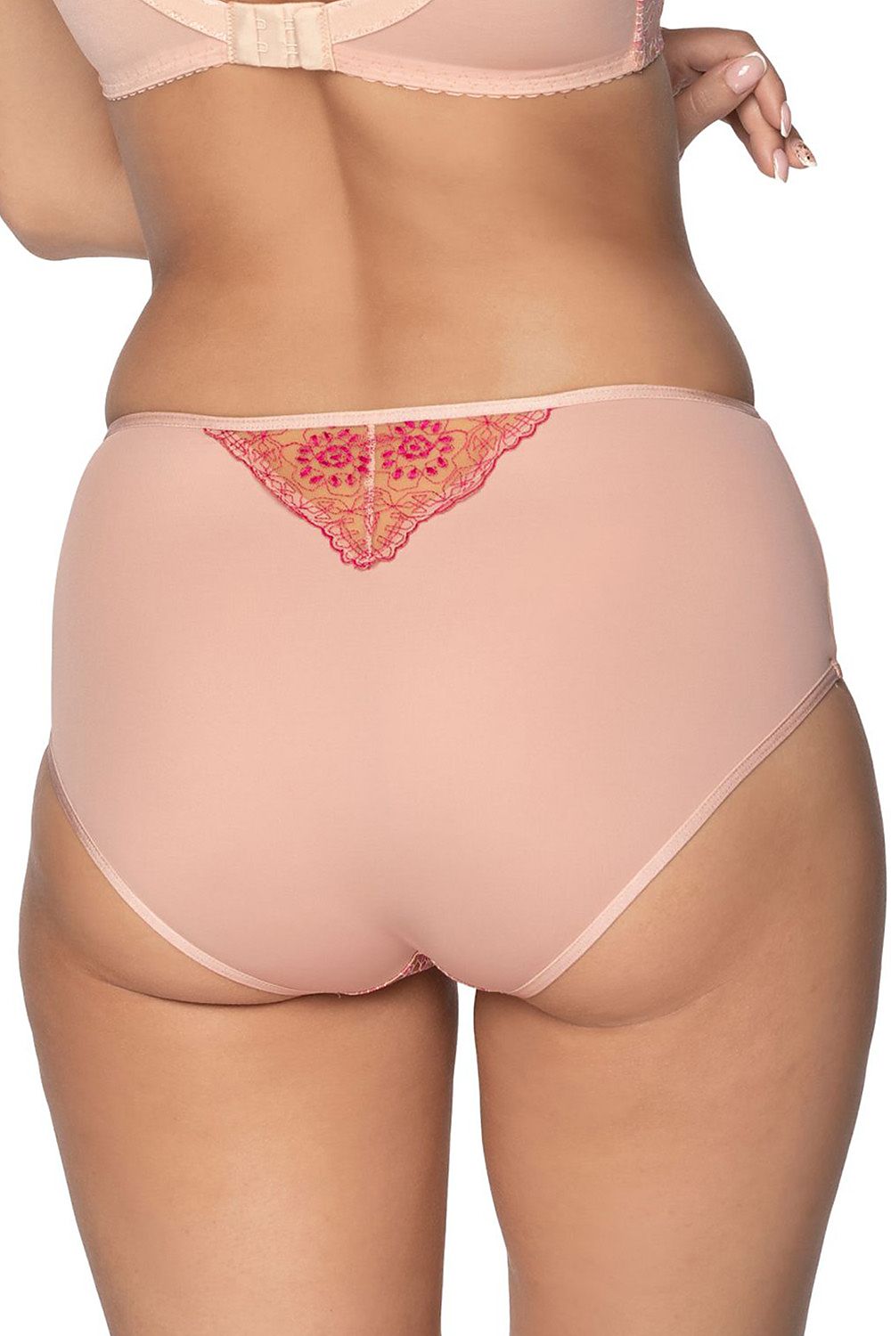Stylish Gaia embroidered pink panties with a higher waist design and a pretty bow, crafted for comfort and sophistication in women's lingerie.