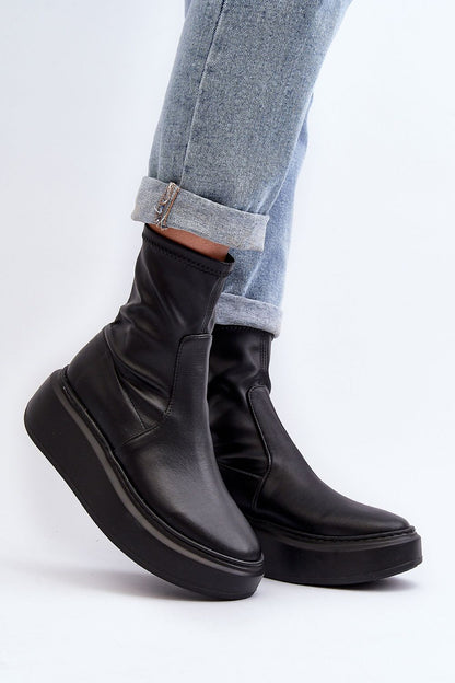 Luxury women's ankle-length buskin boots in natural leather with massive platform by Step in Style, showcasing a chic rounded toe design.