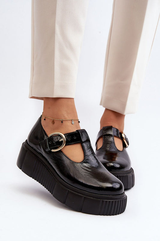Elegant women's half-shoes by Step in Style, showcasing a shiny natural leather finish and a chic adjustable buckle on the side, designed with a comfortable 5cm platform.