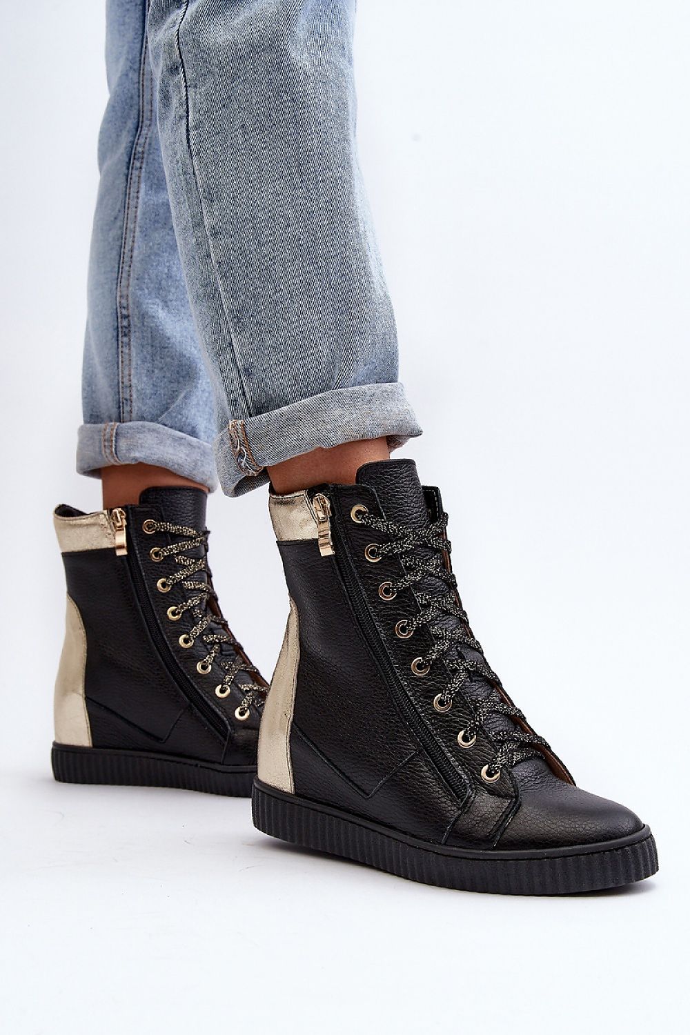 Elegant ankle-length wedge heel sneakers for women crafted from premium natural leather by Step in Style, highlighting a chic zipper and lacing detail.