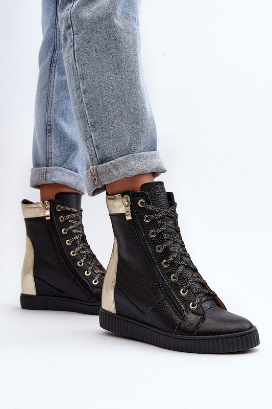 Elegant ankle-length wedge heel sneakers for women crafted from premium natural leather by Step in Style, highlighting a chic zipper and lacing detail.