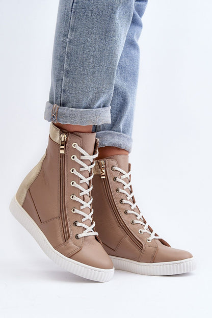 Trendy natural leather wedge heel sneakers for women with a chic ankle-length cut, lacing, and zipper detail, expertly designed by Step in Style.