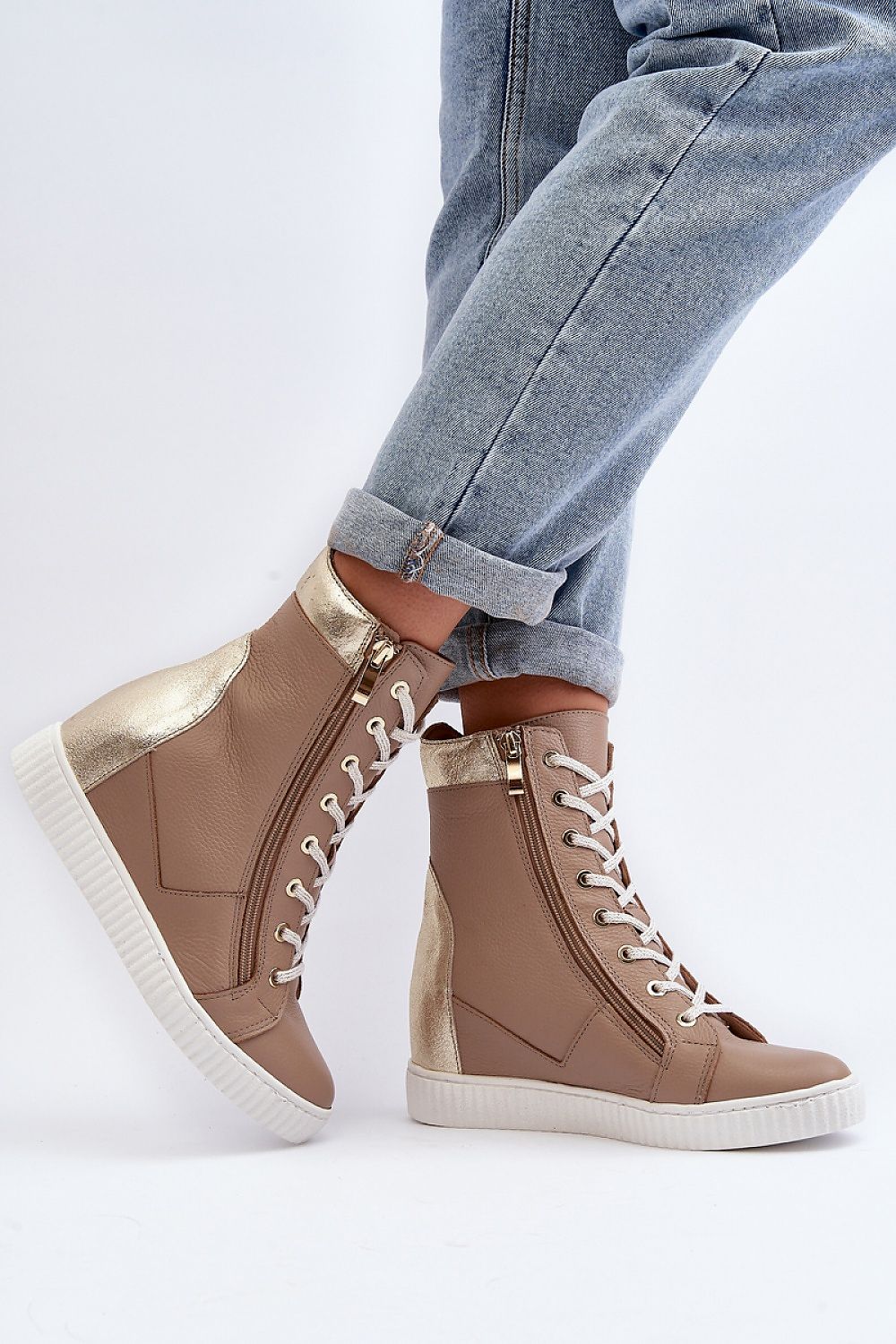 Luxury wedge heel sneakers for women in natural leather, featuring stylish ankle-length design by Step in Style, with zipper and lacing closures for a comfortable fit.