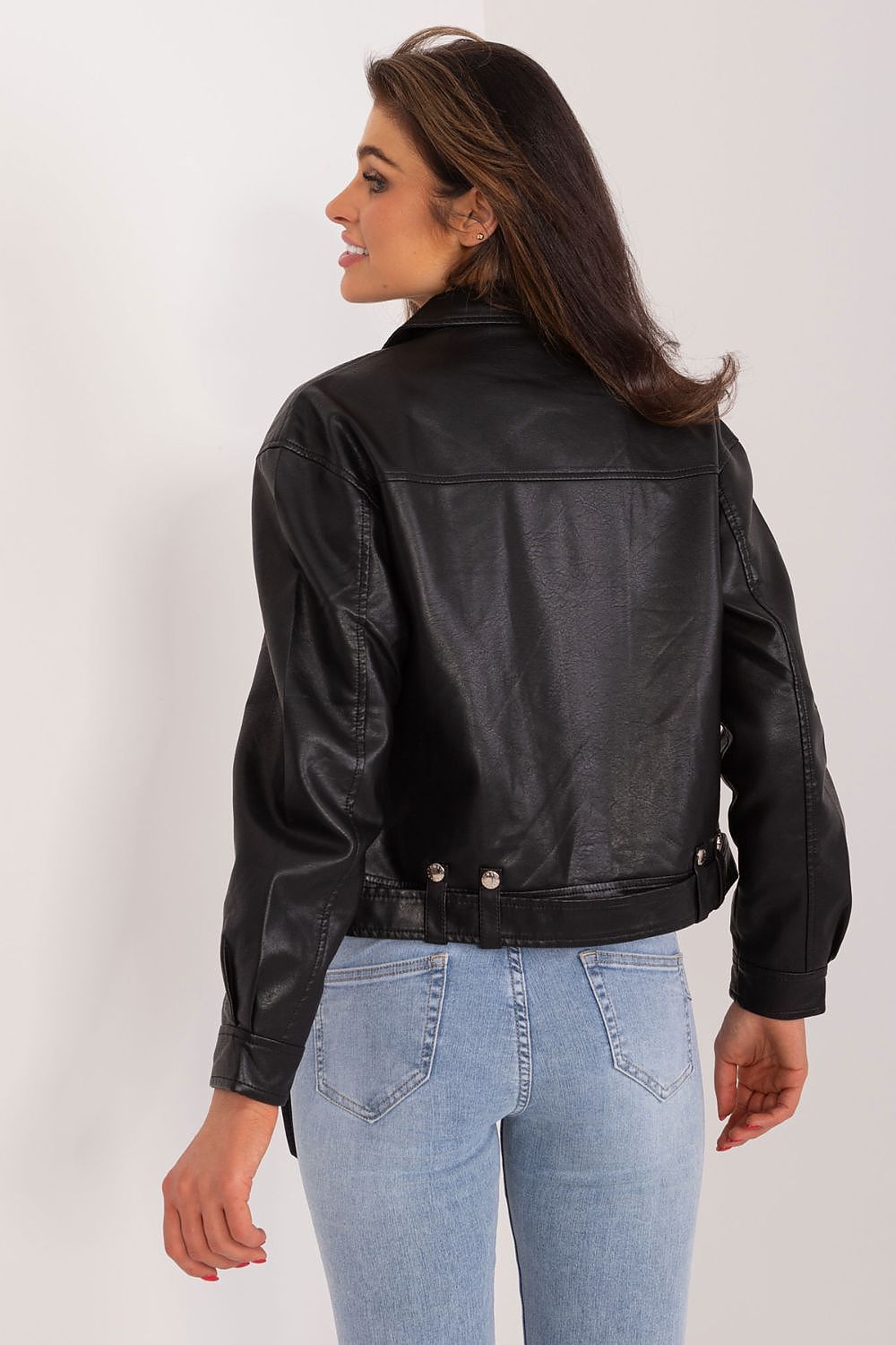 Fashionable MBM ecological leather short Ramon jacket, featuring long sleeves and a stylish collar, ideal for an elegant spring-summer wardrobe.
