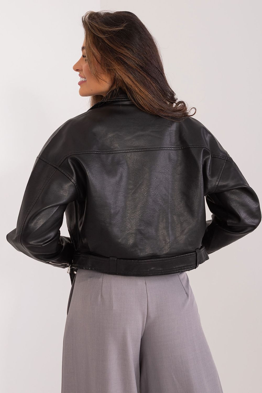 Elegantly designed MBM Short Ramon Jacket in ecological leather, with long sleeves and chic zippered pockets, ideal for versatile luxury fashion.