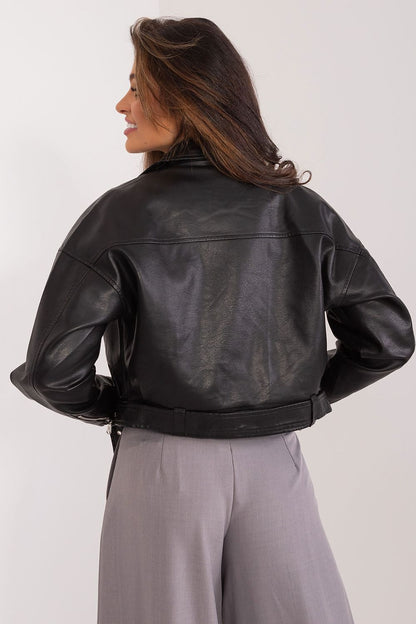 Elegantly designed MBM Short Ramon Jacket in ecological leather, with long sleeves and chic zippered pockets, ideal for versatile luxury fashion.